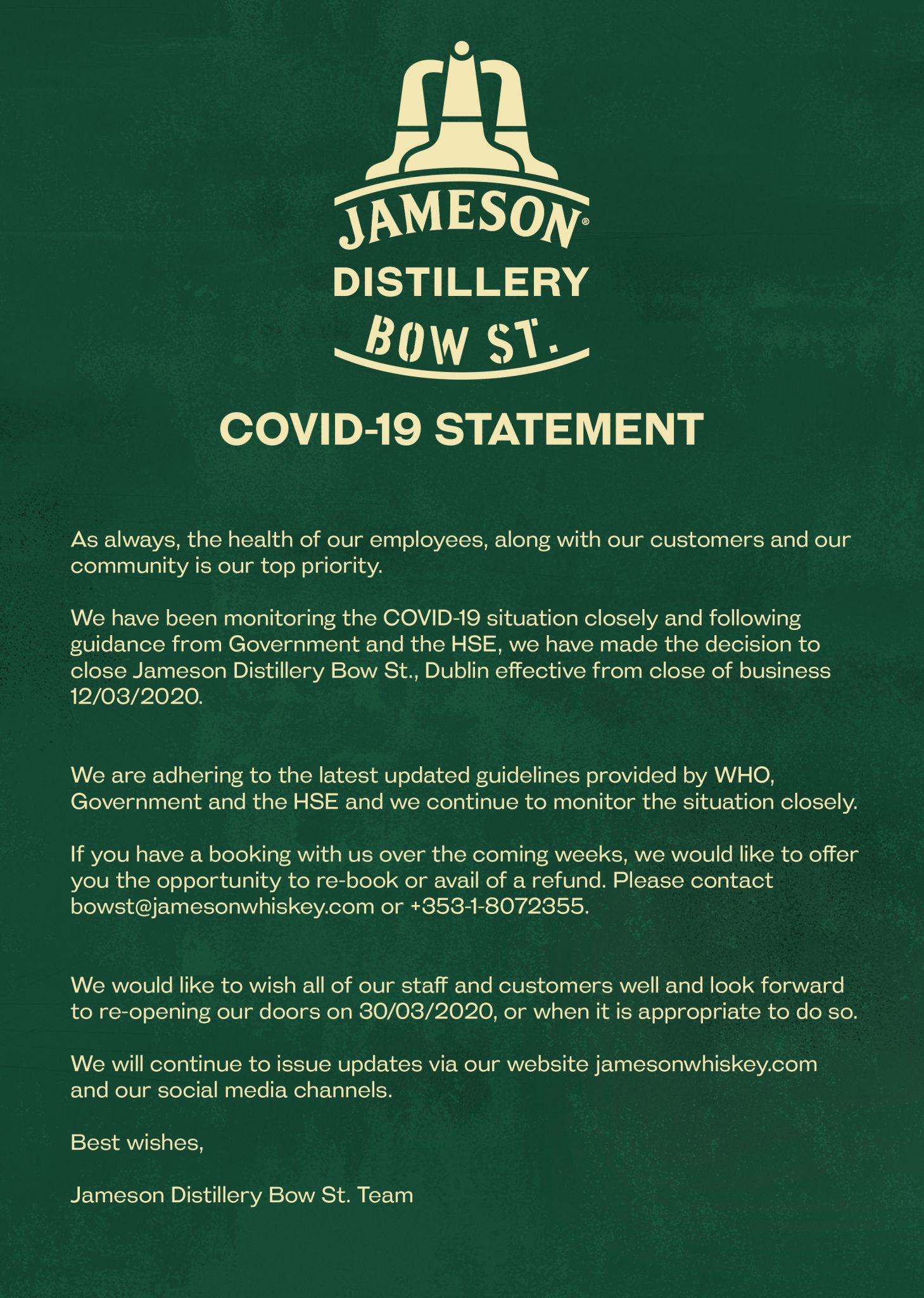 CoVid Jameson Experience Closure Notice